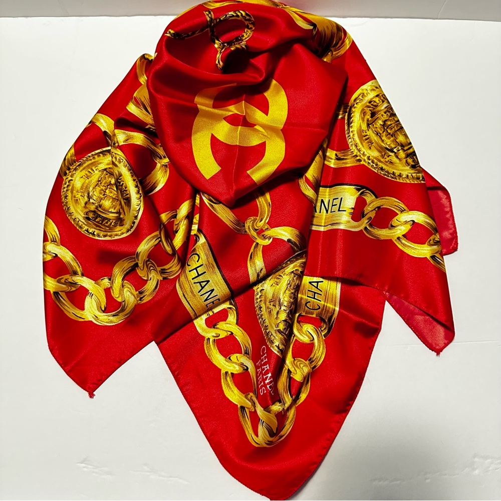 CHANEL Red and Gold Chain Silk Scarf